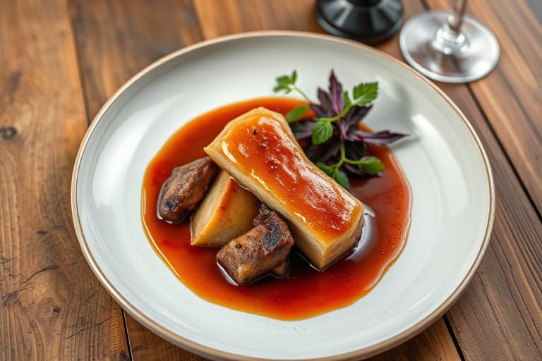 Soppstrudel med brasede sjalottløk og franske linser, servert med portvinsdemi-glace