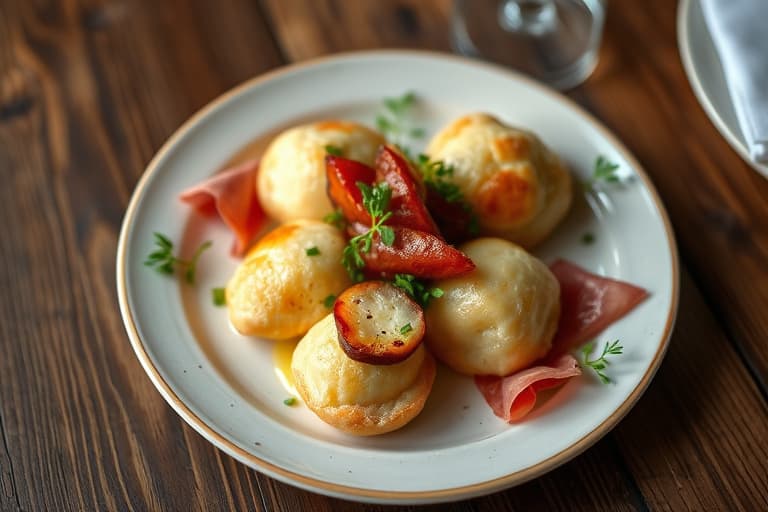 Hvite Cheddar Gougères, eplepulp, prosciutto og salvie
