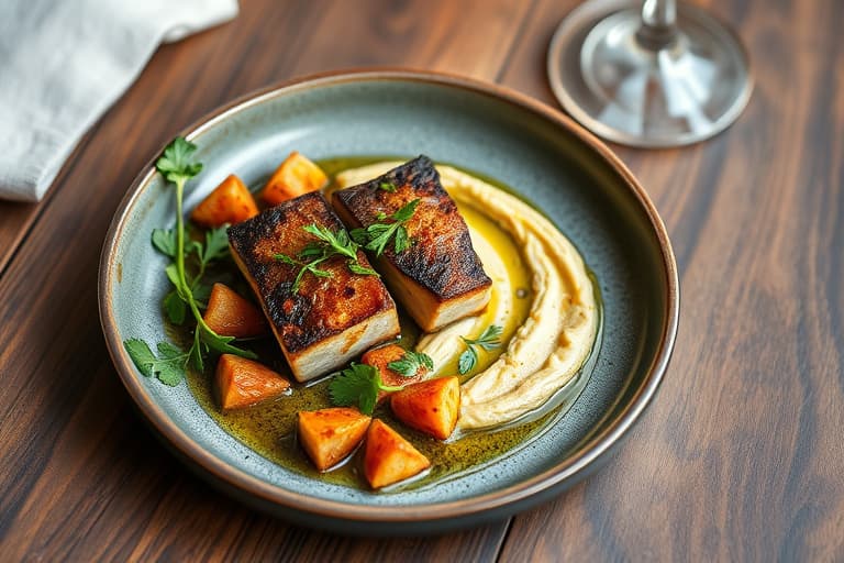 Reker i salsa verde og hummus med ovnsbakt hvitløk og artisjokk, servert med flatbrød