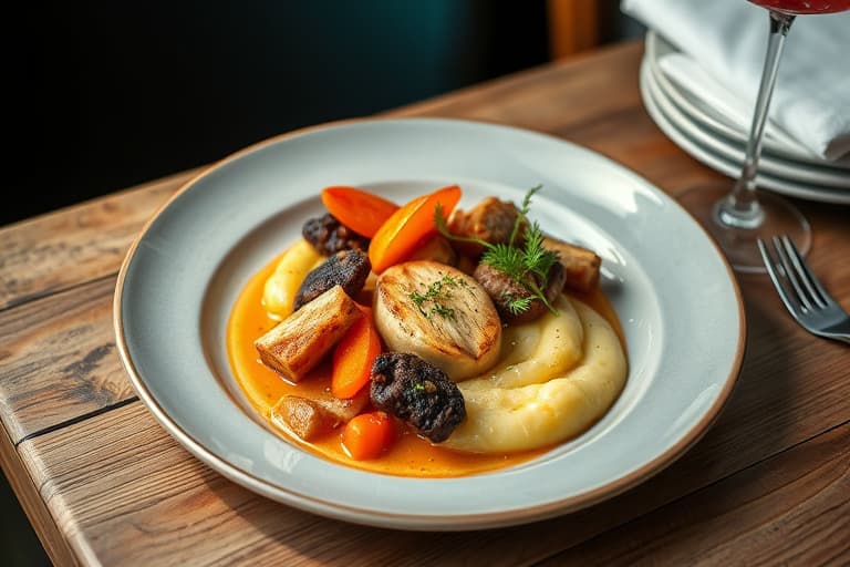 Rostet kylling marinert i safran, appelsin og hvitløk, servert med ristet vill sopp-polenta