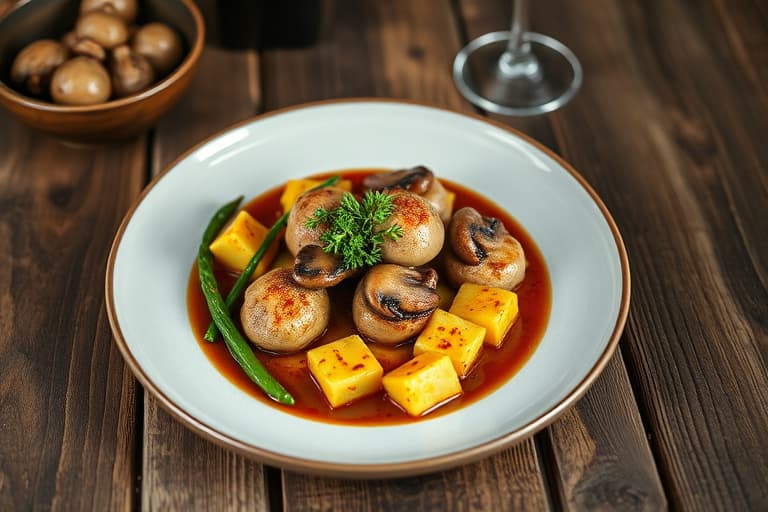 Panestekt steinbiter med villmushroomfylte Yukon Gold-poteter, sautert spinat og rødvinsaus