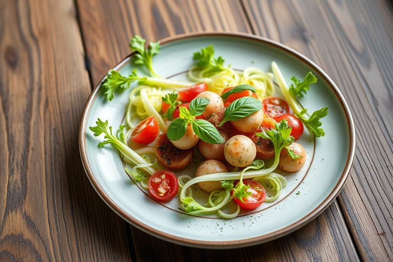 Rostet basilikumkylling, basilikumbabypoteter, frisée plommesalat