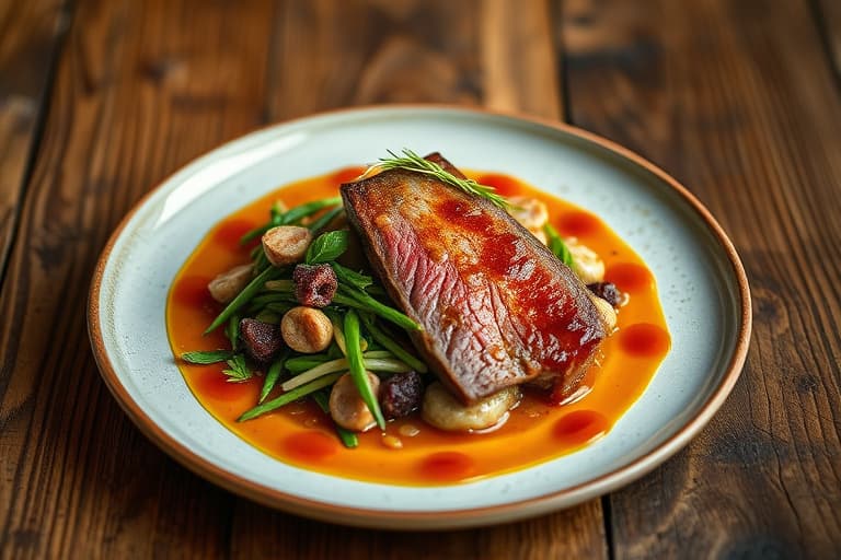 Svoren lam med Rioja-rødvinsvinaigrette og endivesalat med blåmuggost, Serranoskinke og pærer