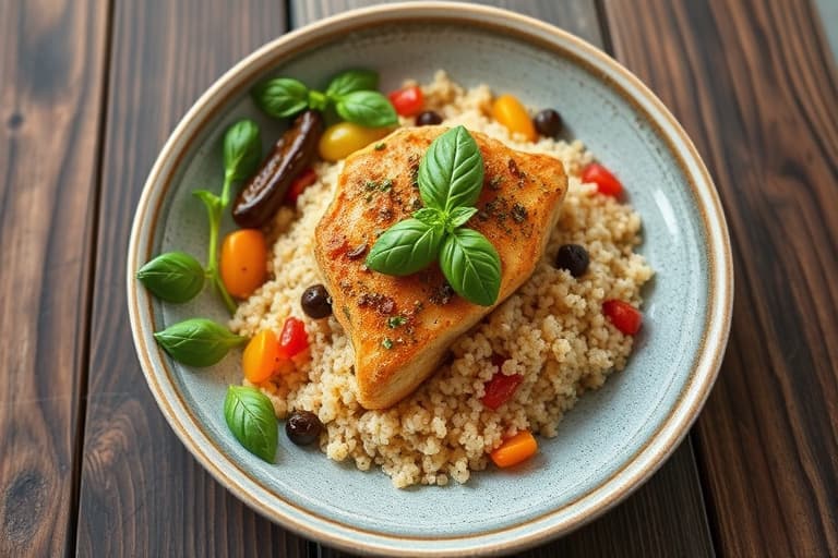 Olive-tapenade-omslukt kylling og quinoa med ovnsbakt hvitløk, ovnsbakte røde paprika og basilikum