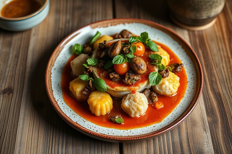 Sesam- og timianstekt geitost med ruccolasalat og varm shiitake- og tomatvinaigrette
