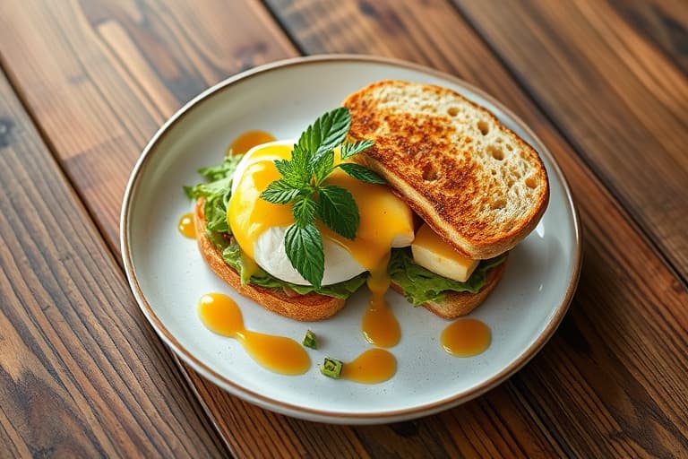 Eggehvite med karamelliserte løk og hjemmelaget fikenmarmelade, sandwich med salat og lønnesirup-balsamico dressing