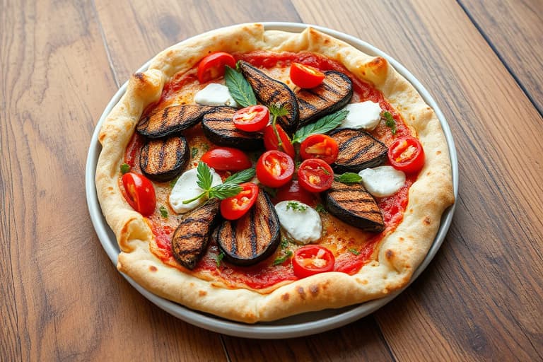 Grillet lavash-pizza med krydret hummus, grillet aubergine, fetaost, rød chiliolje og mynte