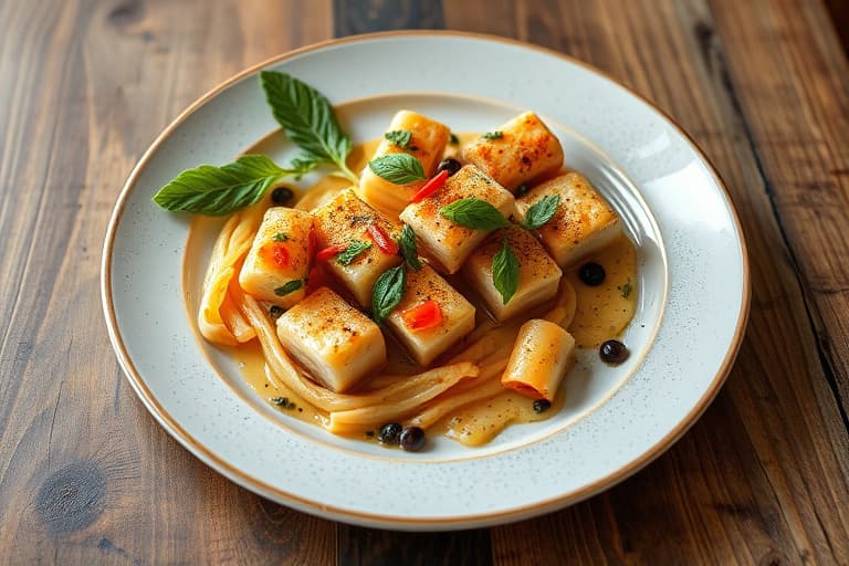 Blåkornkrabbe-kaker med svart oliven- og rød pepper-relish og basilikum-vinaigrette