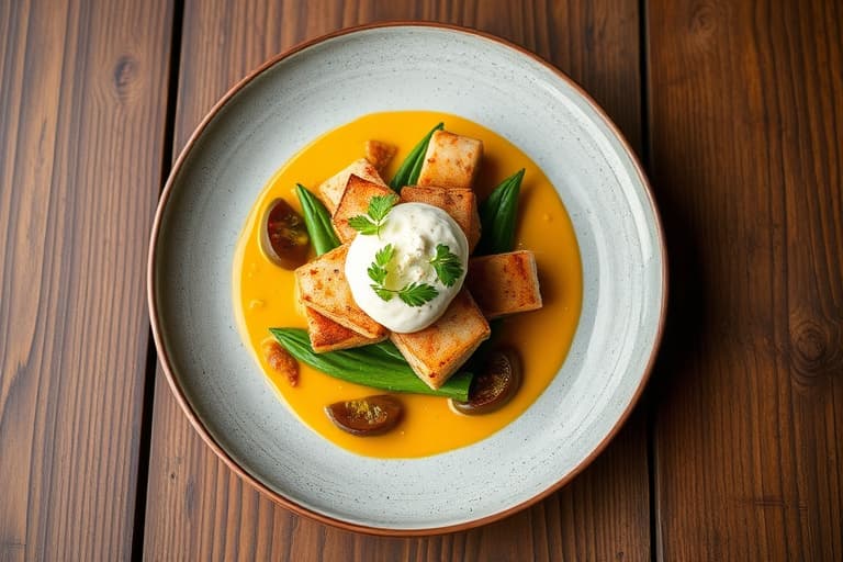 Stekte kamskjell og jalapeñocheese, med skivet eple og crème fraîche