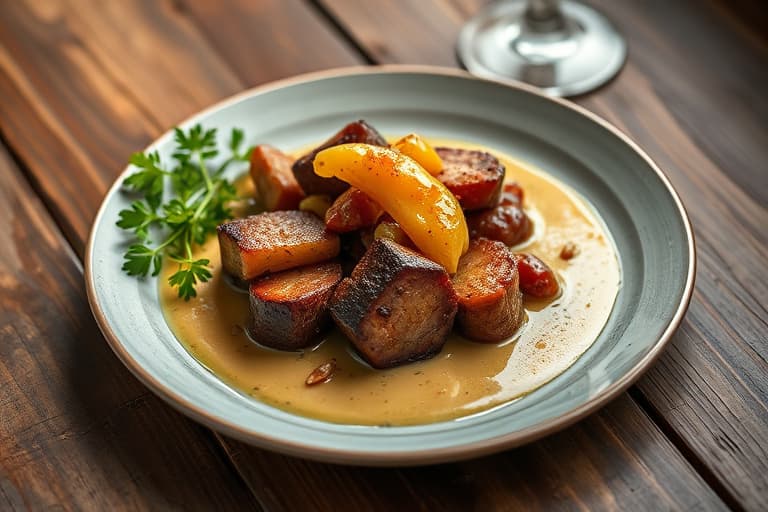 Krustet, fersk, urtet lammerygg med potet- og purrelagsgrateng og ovnsbakt hvitløksaus