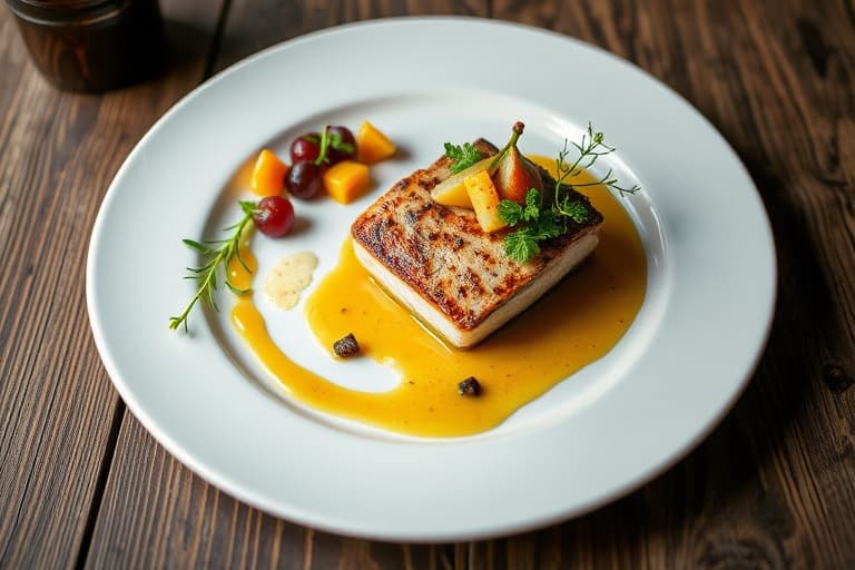 Fersk urterostet kylling med brent appelsin- og svartpepper-saus og puré av vårløk