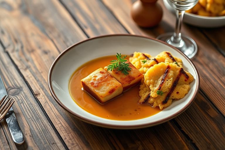 Ovnsbakte lammeknoker med solbær- og ristet mandelsaus, servert med potet- og svarttrøffelgrateng