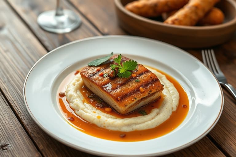 Bifffilet stekt med kaffebønner, pasilla-chili-buljong og kremete hvite grits med grønnsaker og ville sopp