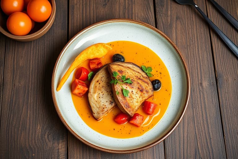 Krydret torsk med ovnsbakt auberginepuré og tomatessens, servert med currysmakende løkringer