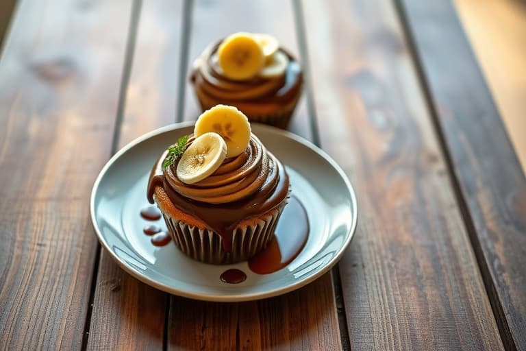 Gilbert Ganache-friterte cupcakes: Sjokoladeseltzer-cupcakes med ganache, bananfrosting og karamellisert banan