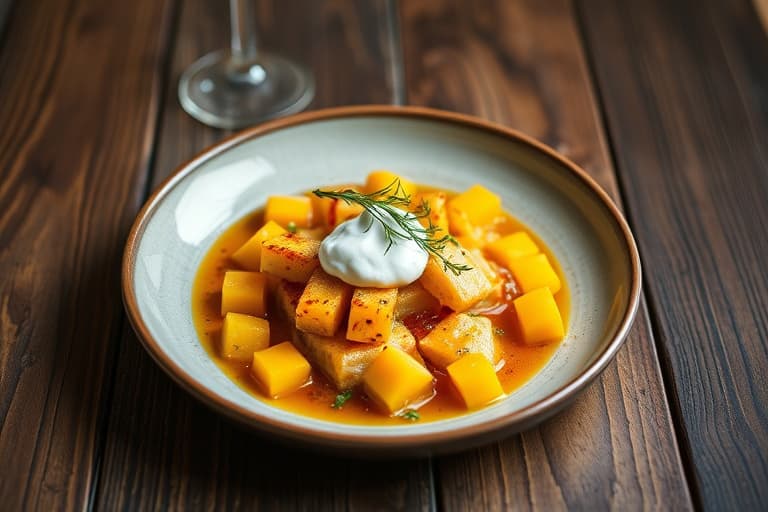 Potetkaker med mango, serranoskinke, crème fraîche og røkt ørret