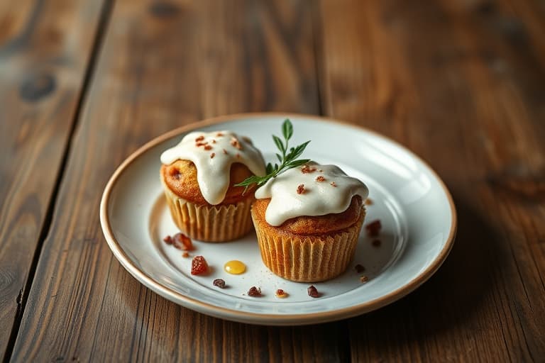Mini date- og nøtte-muffins med gulrot, servert som smørbrød med kremostfyll og frosting
