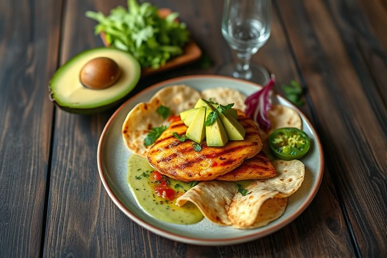 Røde chili- og sitrusmarinerte kyllingbryst med grillede tortillalefser og avocado- og tomatillodip