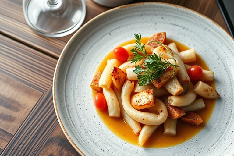 Salt og syrlig røre med rømme og gressløkvafler, servert med pølse og tyttebærsyltetøy