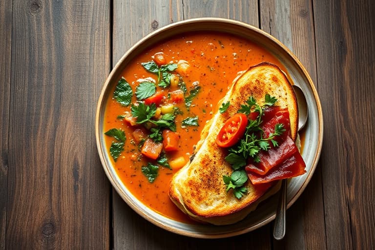 Vegetagresskaps- og bønnesuppe med pesto: Minestrone alla Genovese og smørbrød med ruccola og skinke: Panini con Rucola e Prosciutto