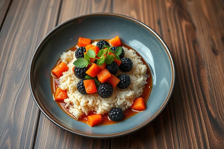 Mexicanske dypvannsskjell med svart ris, engelske erter og ingefærmarinerte mandarinor