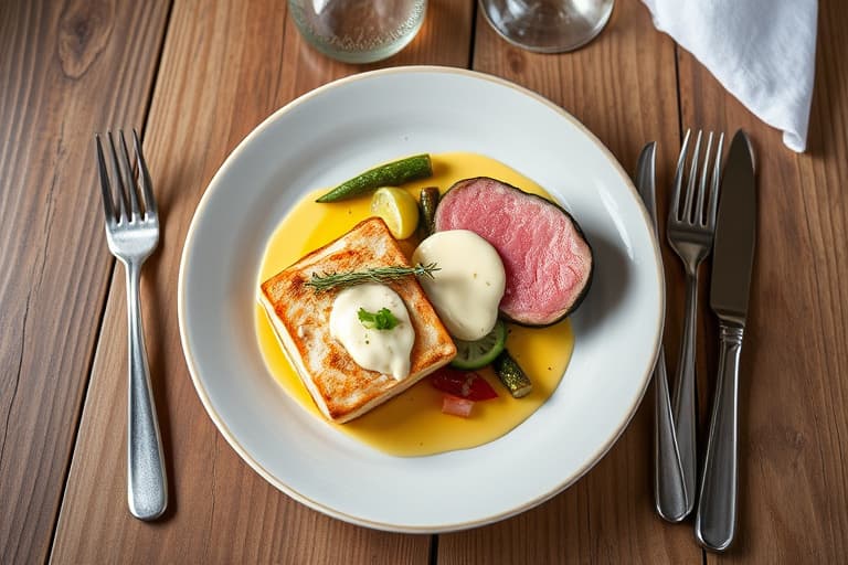 Surf and Turf: Kamskjell med beurre blanc og lammebiffer med rosmarin-hvitløk-krust, servert med brasede purre