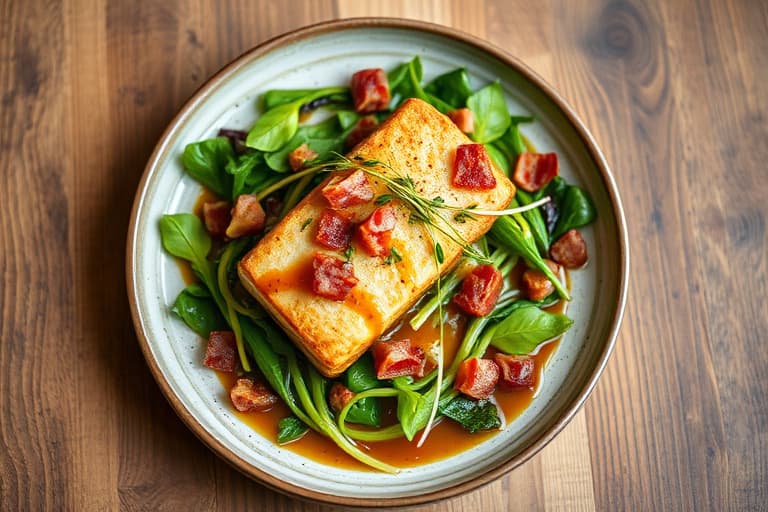 Balsamico-kyllingfilet over spinatsalat med sopp, bacon og varm sjalottløkdressing