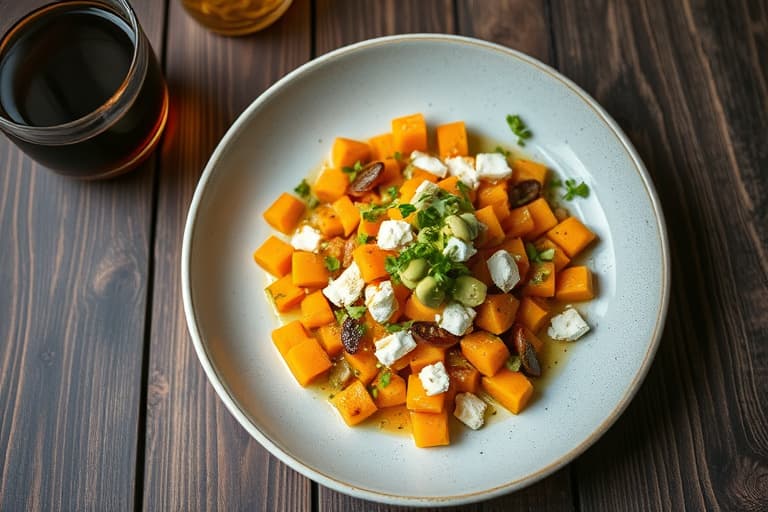 Ristet butternut squash-salat og sommerruller med grønnkål, fetaost og avokadodressing med grønn gudinne-smak