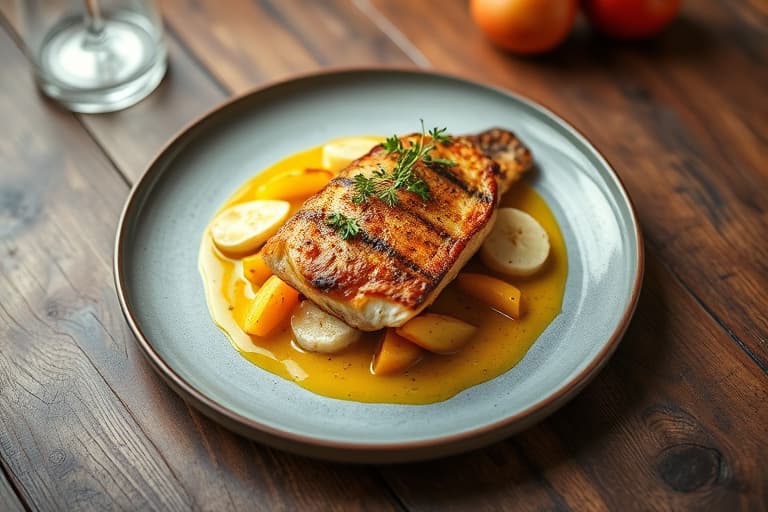 Grouper stekt i bananblader med appelsin- og ananasrelish, servert med røde bønner og ris