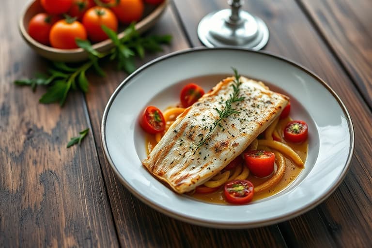 Tilapia i stuing av tomater