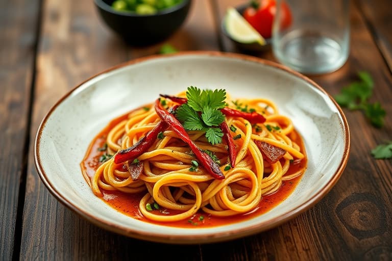 Mexicanske Squoodles med kremet ildrøkt grønn chilisaus