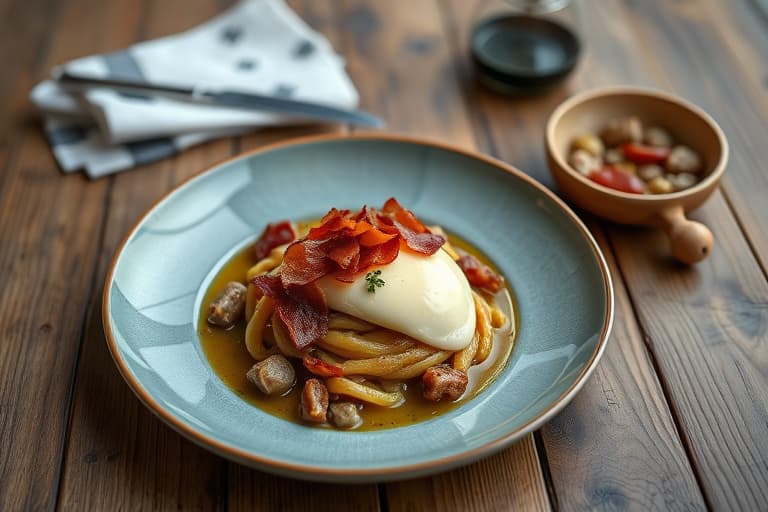 Karamellisert eplepai med lønnesirup og kandisert bacon-smuler