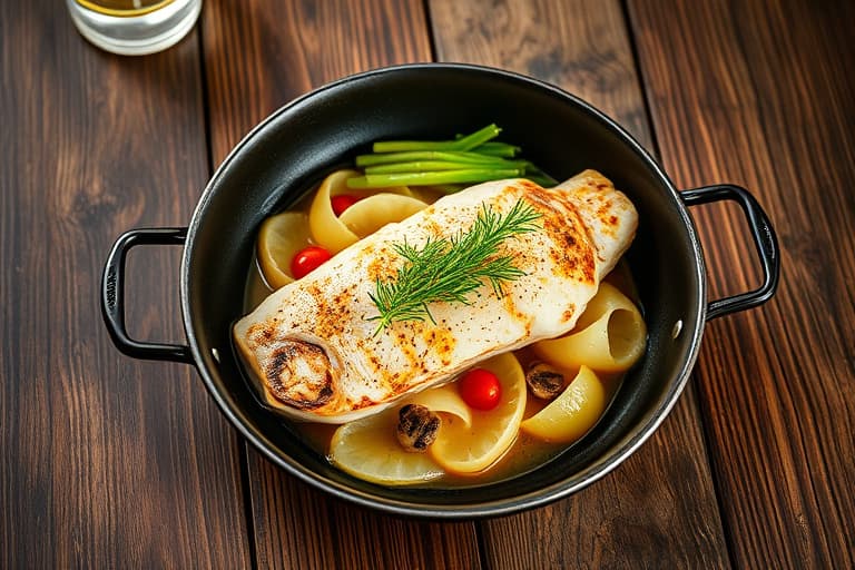 Tilapia med hvite bønner og grønnkål på stekepanne