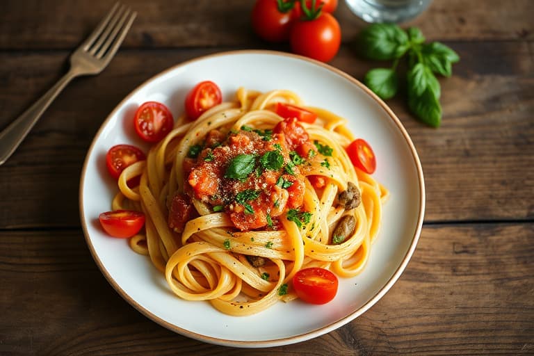 Glutenfri penne med pistasjpesto og tomatsalat med gamle tomater
