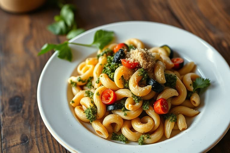 Glutenfri pastasalat med elbow-pasta, pesto og aubergine