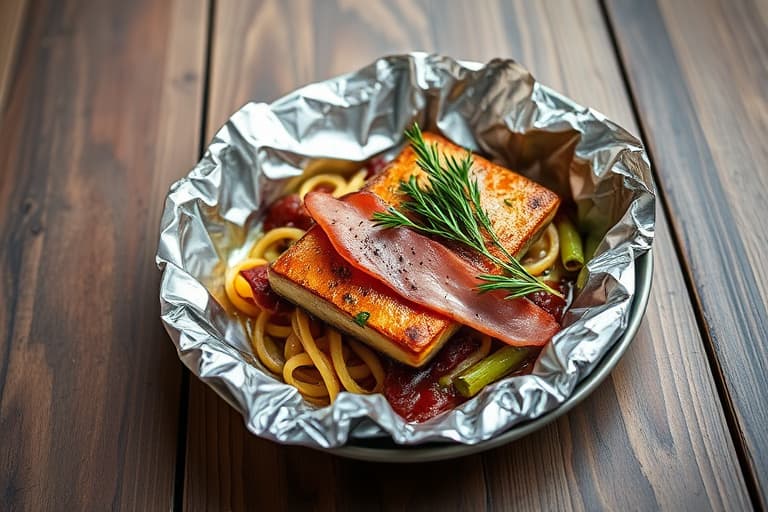 Grillede grønnsaker og pancetta i aluminiumsfoliepakker