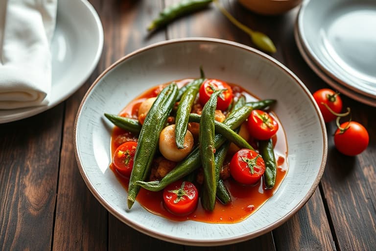 Ristet okra og cherrytomater