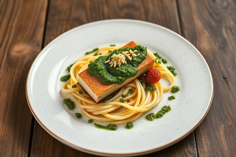 Porsjonsstykke av svinekjøtt med pesto påført rundt midten