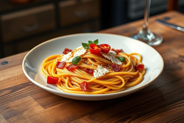 Spaghetti med parmesan og bacon