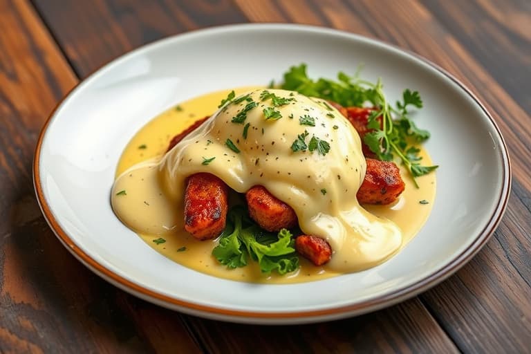 Salsiccia- og avokadobenedikt med hvit cheddar-hollandaise