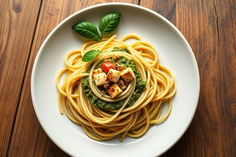 Spaghettipuré med pesto og tofu