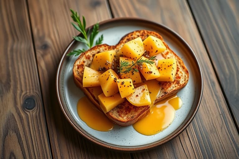 Bakt kokosfransk toast med ananas-romsaus