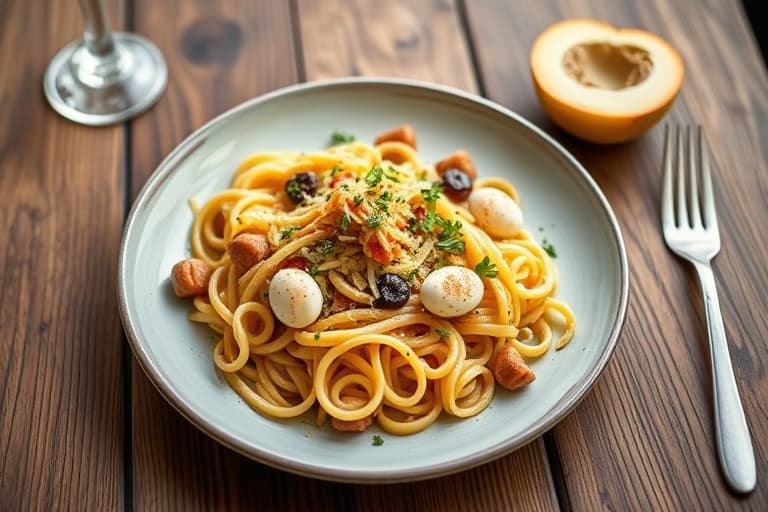 Lagvis egge- og pasta-salat med krydret eggeplomme