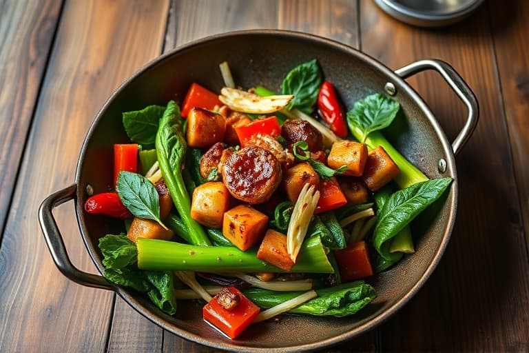Reker stekt i wok med bok choy, hakkede tomater og risnudler