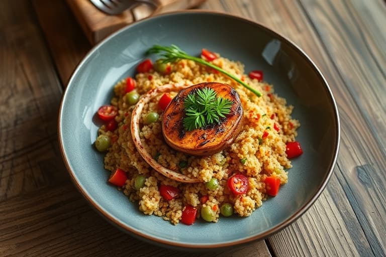 Kokosquinoa med harissagrillede søtpoteter