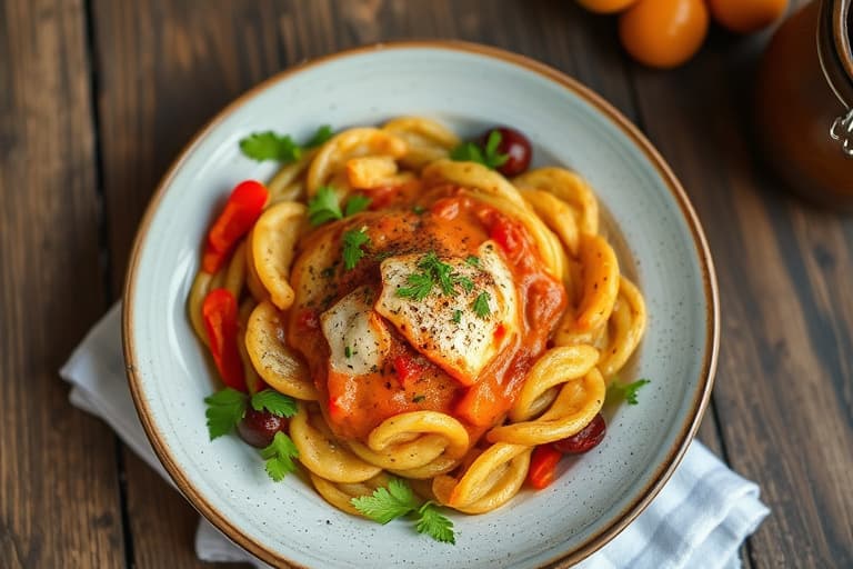 En gryte med italiensk pølse og paprika