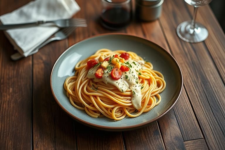 Spaghettikurv med Alfredo-saus, pølse og valnøtter