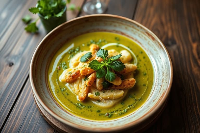 Salsa Verde kylling- og ris-tortillasuppe