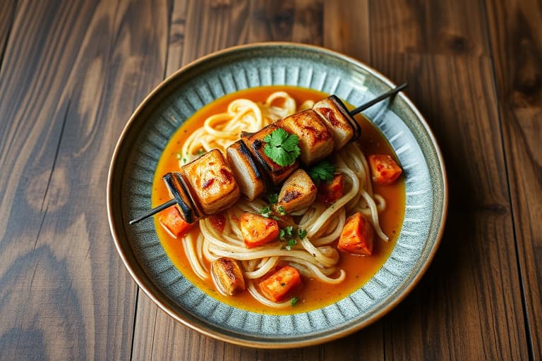 Grillet sopp og geitost rotini med honning- og hvitløkskyllingkebab