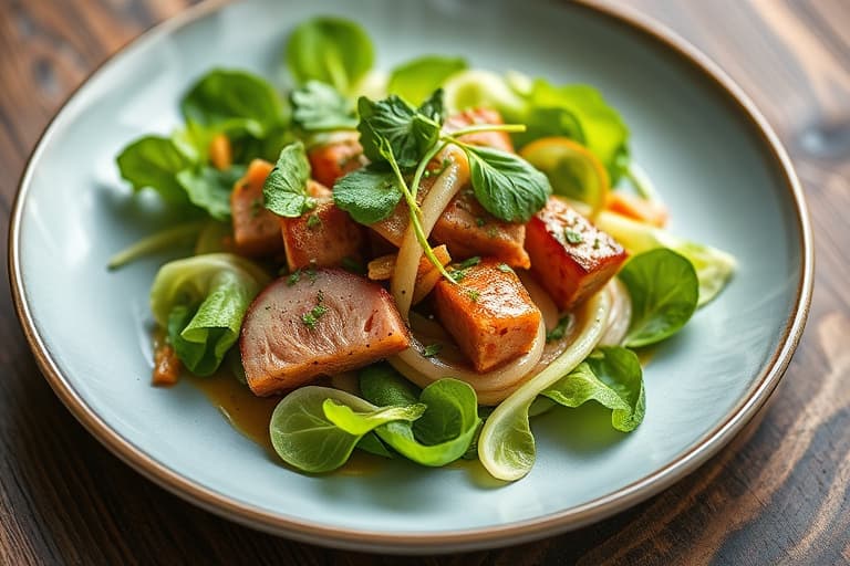 Grillet reker, erteskudd og bok choy-salat med asiatisk lett dressing